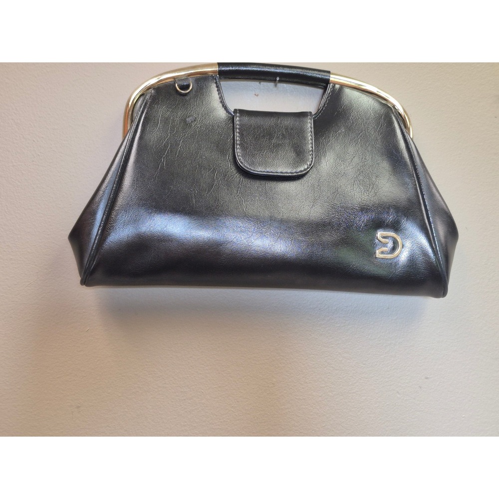Vintage Black Top Bar Frame Handbag Gold Tone Convertible Clutch Purse Retro